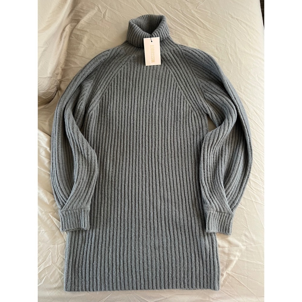Missguided NWT Gray Ribbed Roll Neck Tuck Sleeve Sweater Dress US 2/4